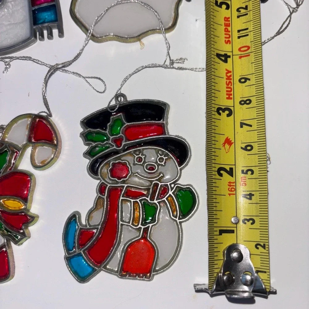 Vtg Christmas Metal Stained Glass Suncatcher Lot 6 Santa Snowman Rocking Horse